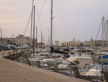 Sailboats moored at harbor