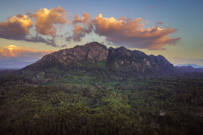 Scenic view of mountains against sky during sunset