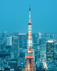 View of city lit up at night