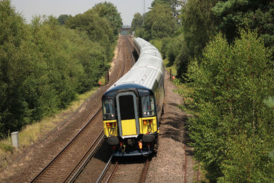 An express commuter train flies round the bend in the new forest