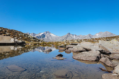 Scenic view of lake and mountains against clear blue sky