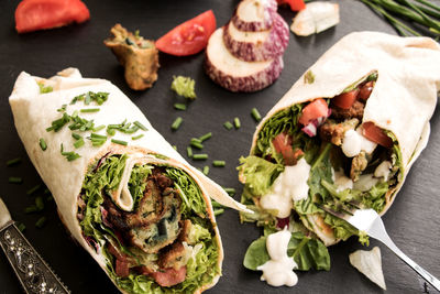 High angle view of food on table