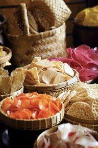 Kerupuk udang. indonesian cracker of  shrimp and tapioca. it is arranged among other crackers.