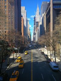 View of city street and modern buildings