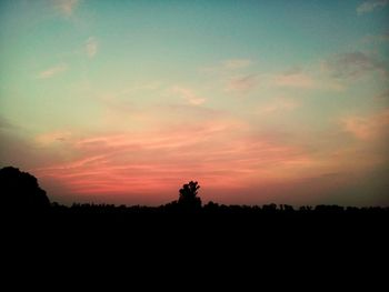 Silhouette trees on landscape against sky at sunset
