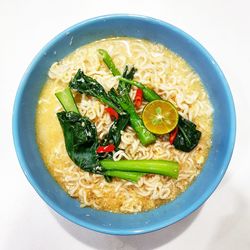 High angle view of soup in bowl on table