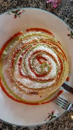 High angle view of dessert in plate on table