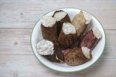 High angle view of food in plate on table