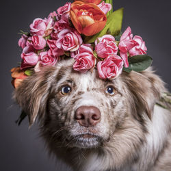 Close-up of dog wearing flowers