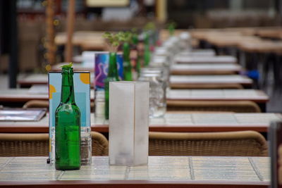 Beer bottles in a row on a table