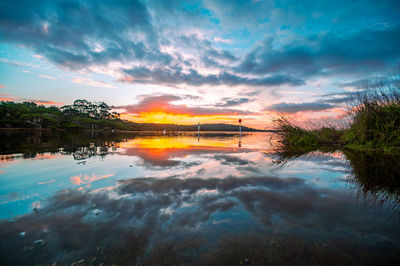 Scenic view of lake against sky at sunset