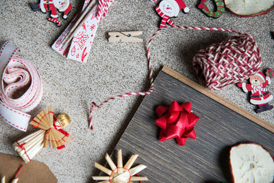 High angle view of christmas decorations on table