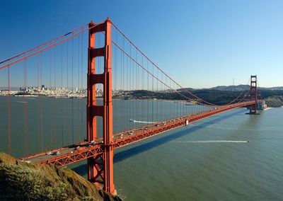 Golden gate bridge over sea against clear sky