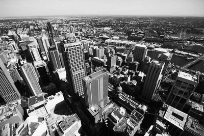 High angle view of modern buildings in city