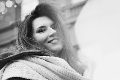 Close up stylish lady with bokeh lights monochrome portrait picture