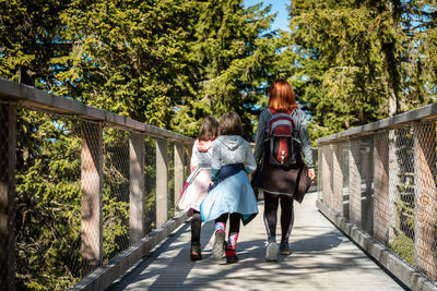 Rear view of women walking on footbridge