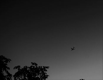 Low angle view of airplane flying against clear sky