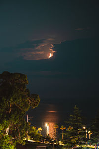 High angle view of illuminated cityscape against sky at night