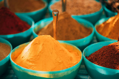 High angle view of spices for sale in market