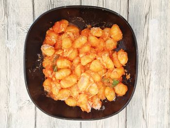 High angle view of meat in bowl on table