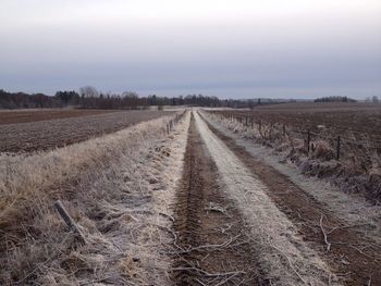 Dirt road amidst field against sky