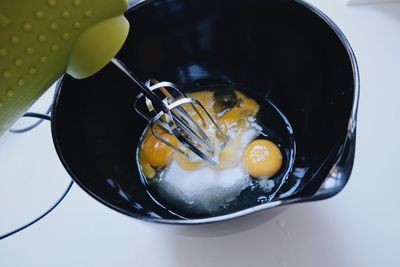 High angle view of ice cream in bowl on table