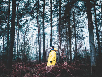 Man wearing raincoat standing amidst forest