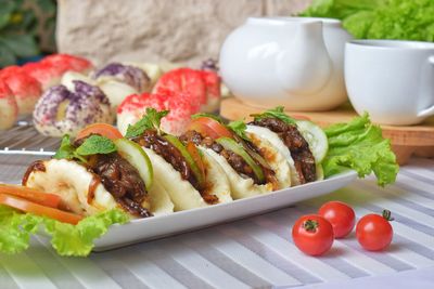 Close-up of breakfast served on table