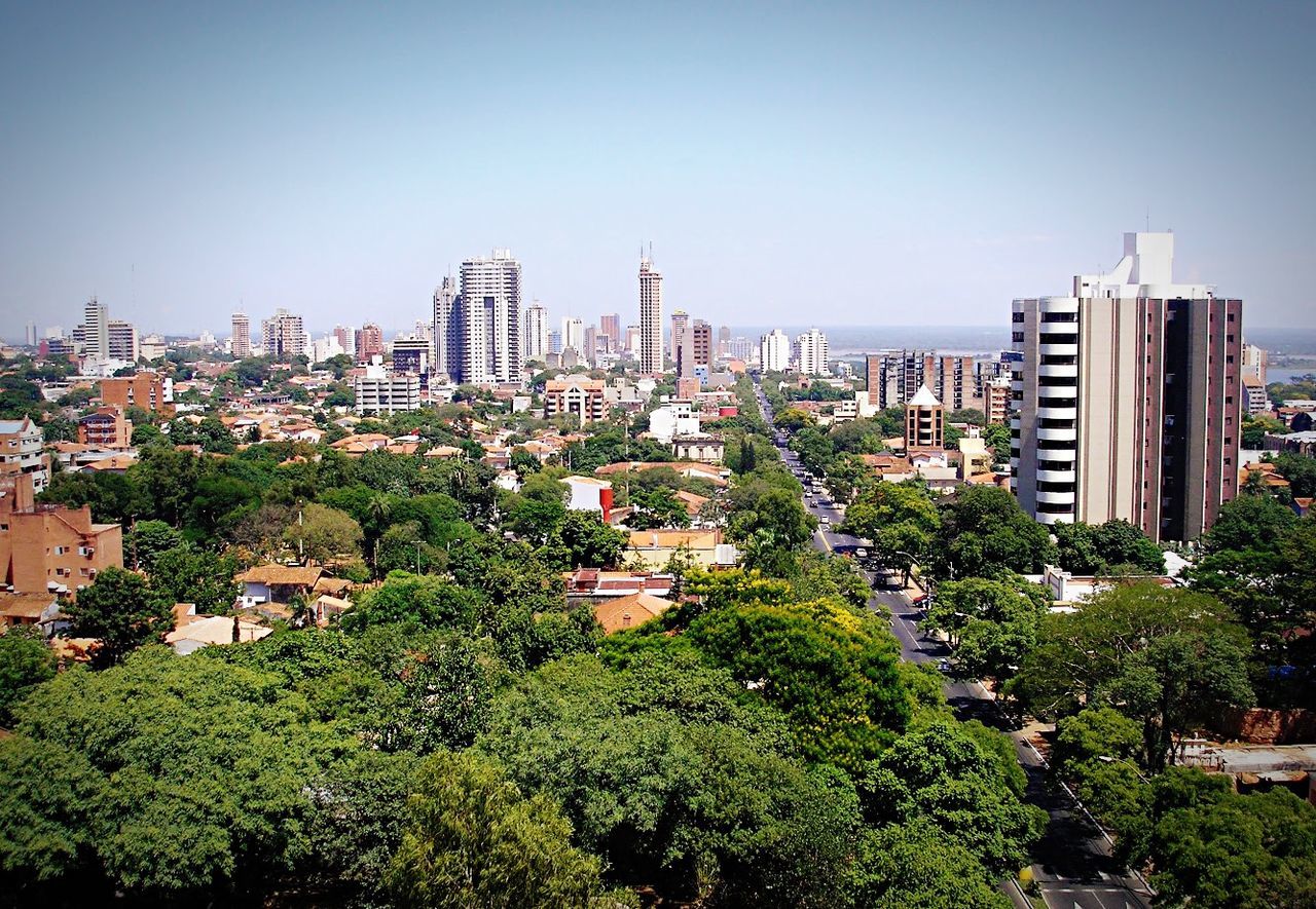 building exterior, architecture, built structure, city, tree, cityscape, clear sky, skyscraper, tower, tall - high, high angle view, crowded, growth, modern, residential district, copy space, office building, residential building, city life, blue