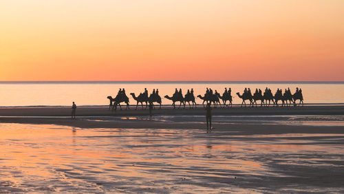 Silhouette people on beach against clear sky during sunset