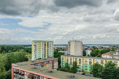 High angle view of buildings against sky