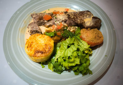 High angle view of breakfast served on table