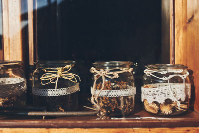 Assorted dried herbs in jars for making herbal tea. alternative medicine