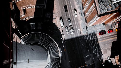 High angle view of staircase amidst buildings in city