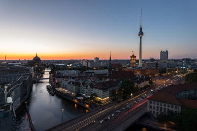 High angle view of city buildings during sunset