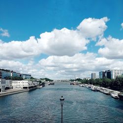 Scenic view of river by city buildings against sky