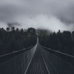 Footbridge in forest against sky