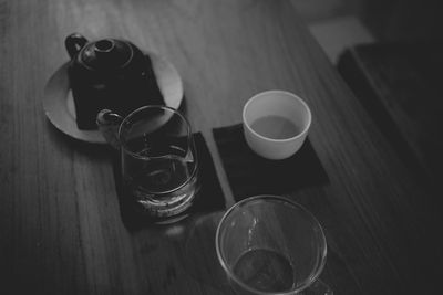 High angle view of water in glass on table