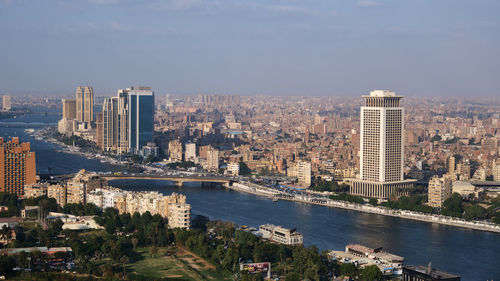 High angle view of city at waterfront