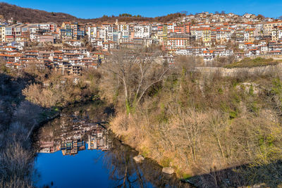 Scenic view of the city of veliko tarnovo in bulgaria under warm winter sunlight 