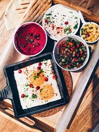 High angle view of meal served on table