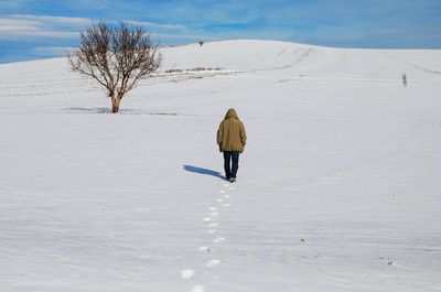 Rear view of man walking on snow