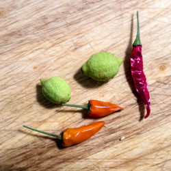 High angle view of vegetables on wood