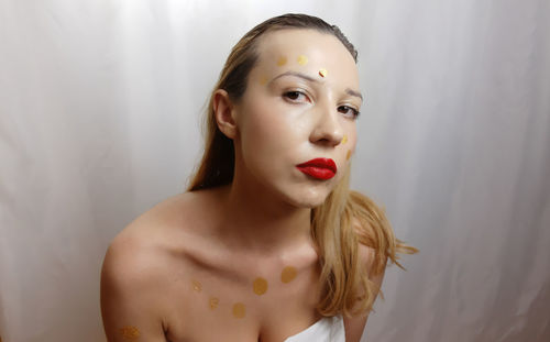 Art artwork beauty fashion style editorial make up blonde red lipstick human body