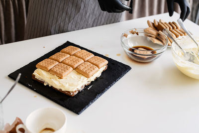 High angle view of dessert in plate on table