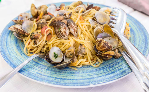 High angle view of spaghetti with clams on plate