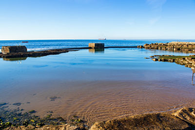 Scenic view of sea against clear blue sky