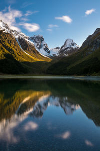 Scenic view of lake and mountains against sky