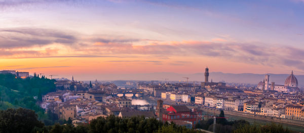 High angle view of townscape against sky at sunset