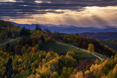High angle view of trees and mountains against sky during sunset
